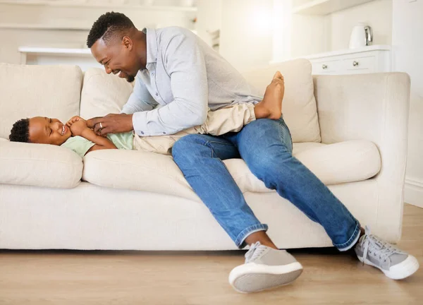 Young Happy Cheerful African American Father Playing Bonding His Son — Stock Photo, Image