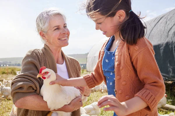 I think shell make a great farmer. a mature woman bonding with her granddaughter on a poultry farm
