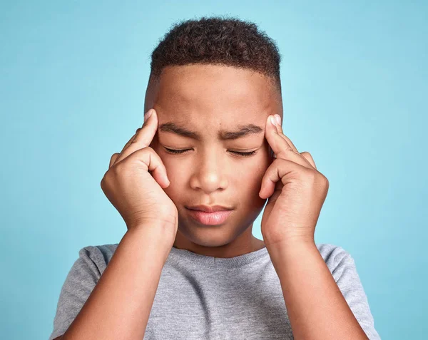 Gyermek Fejfájás Stressz Mentális Egészségügyi Probléma Vagy Fáradtság Fájdalom Kék — Stock Fotó