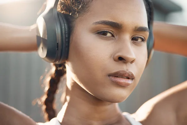 Closeup Portrait One Fit Young Hispanic Woman Listening Music Headphones — Stock Photo, Image