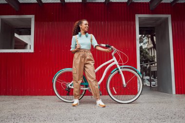 Bike, fashion and black woman cycling for sustainability, eco friendly and carbon footprint in the city of Norway. Happy, smile and relax African girl with bicycle to travel for sustainable lifestyle. clipart