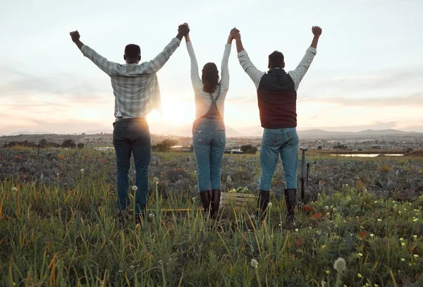 Would Rather Farm Three Farmers Standing Farm Sunset — Stock Photo, Image