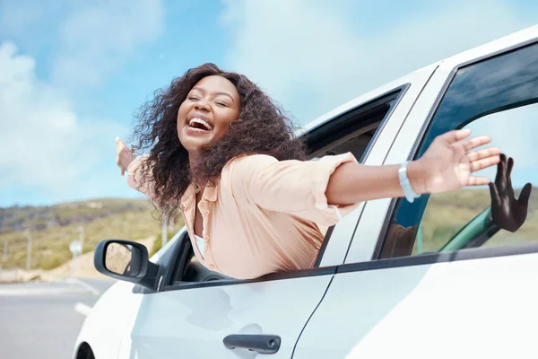 Freedom Travel Black Woman Window Car Summer Relax Happy Road — Stock Photo, Image