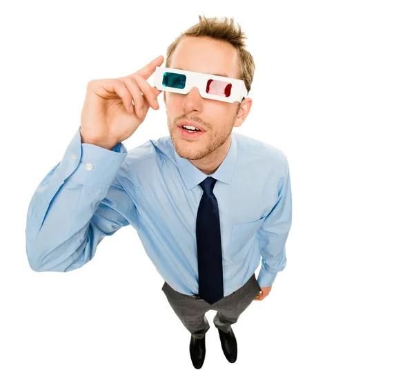 Olhando Para Futuro Diferente Jovem Empresário Usando Óculos Contra Fundo — Fotografia de Stock