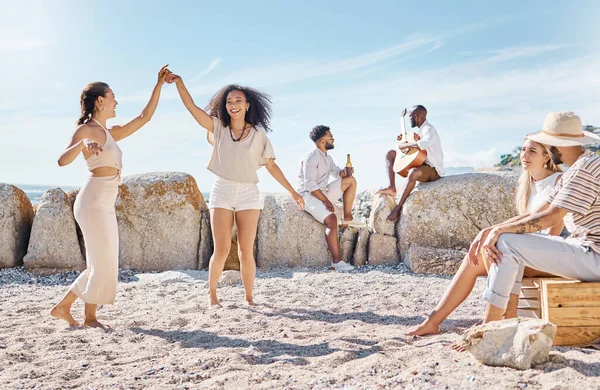 She Nanigans Two Young Women Dancing While Beach Friends — Stock Photo, Image