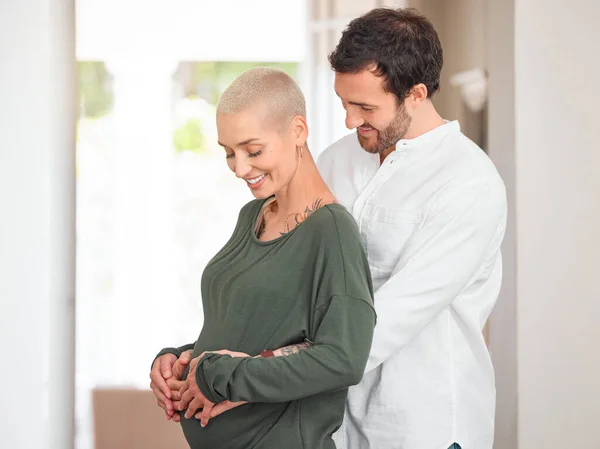 Soon Well Three Affectionate Young Couple Standing Hands Expectant Mothers — Stock Photo, Image