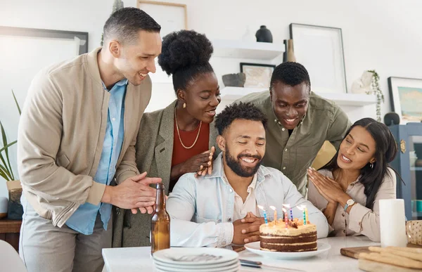 Were Here Celebrate You Young Man Celebrating His Birthday Friends — Stock Photo, Image