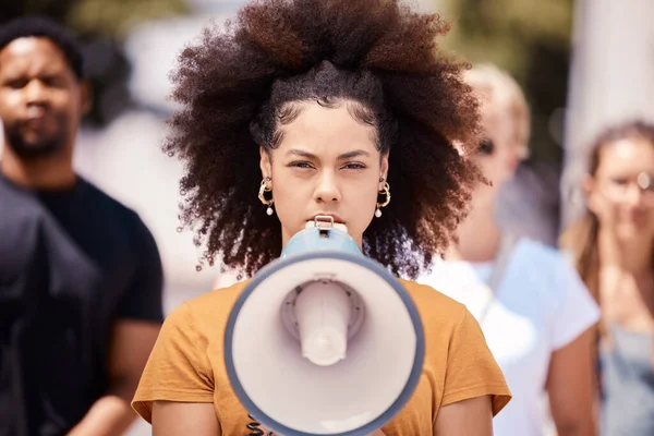 Liberté Révolution Mégaphone Avec Femme Manifestation Pour Communauté Soutien Leadership — Photo