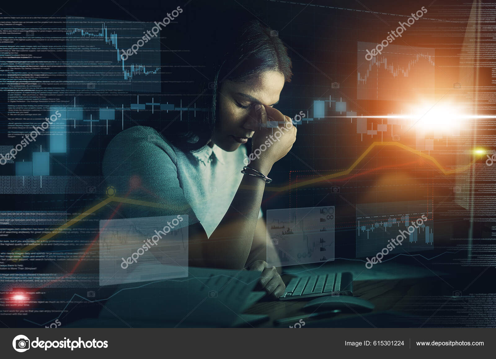 未来股票市场金融亏损或妇女云计算全息图或未来5G网络夜间头痛或抑郁经理或有精神健康问题的工人因404磅故障——图库图片©