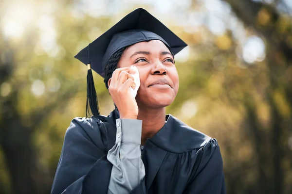 Living Moment Bringing All Emotions Young Woman Crying Graduation Day — Stock Photo, Image