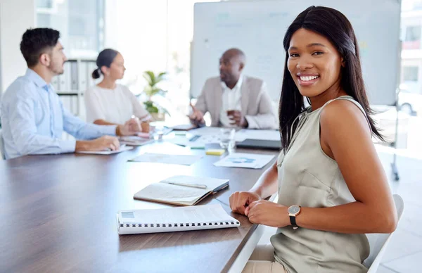 Happy black woman, leadership or business leader in meeting for teamwork, diversity or team building with smile. Manager, employee or worker portrait with success, motivation or planning mission goal.