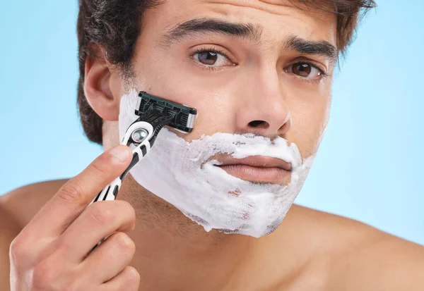 Ready Reveal Handsome Young Man Shaving His Face Studio Background — Stock Photo, Image