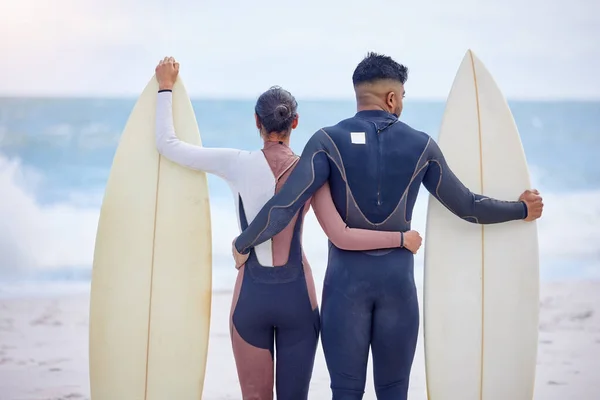 Wont You Ride Forever Rearview Shot Young Couple Surfing Together — Stock Photo, Image