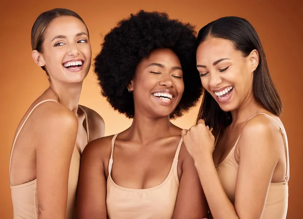 Happy, beauty and women diversity of model group laughing together. People or girl friends smile feeling calm, female empowerment and skincare happiness experience feeling comfortable in their skin.