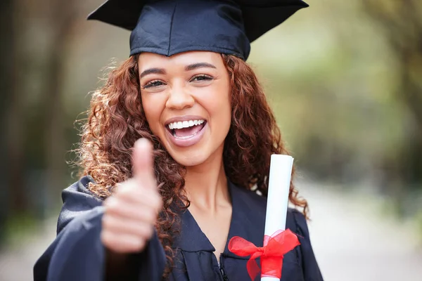 Success All Portrait Young Woman Holding Her Diploma Showing Thumbs — Stock Photo, Image