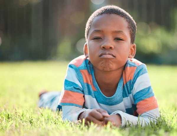 Dont Want Home Yet Young Boy Lying Grass — Stock Photo, Image