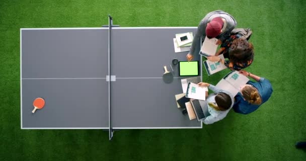 Top View Tablet Documents Collaboration Modern Office Table Tennis Turf — Stock Video