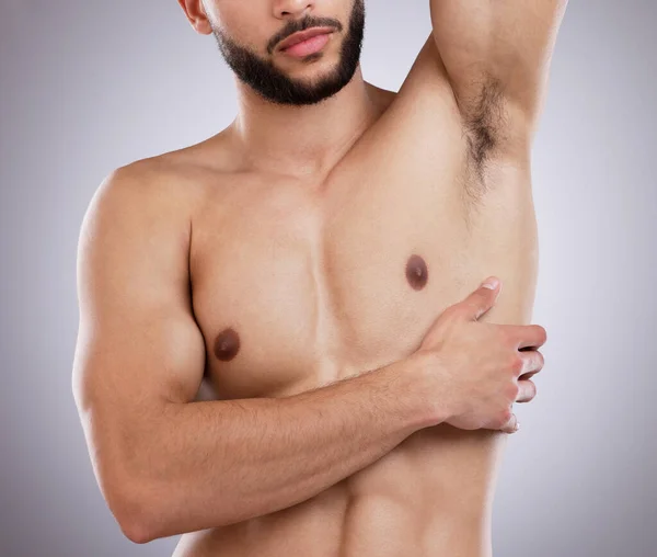 Bead Sweat Sight Man Showing His Arms Studio Background — Stock Photo, Image