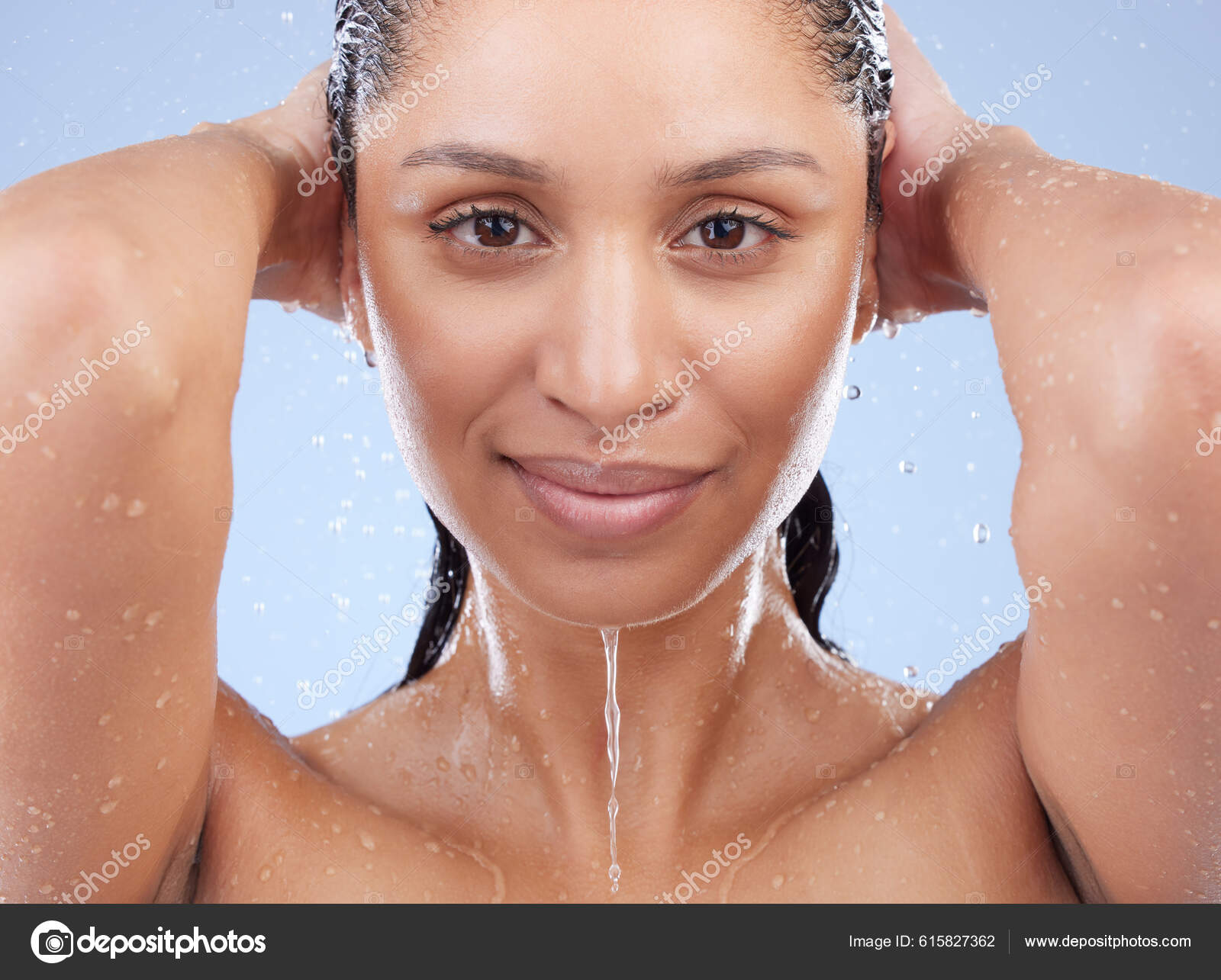 Shower Hasnt Looked Better Young Woman Taking Shower Blue Background