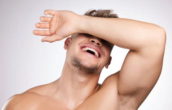 Just Happy Studio Shot Young Man Covering His Face His — Stock Photo, Image