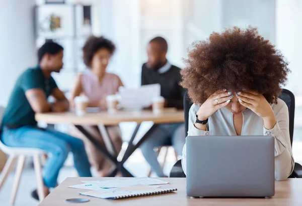 Business woman stress, burnout or laptop anxiety with 404 error, financial stress or mental health at work. Depression, tired or headache from tax, audit or company finance review report tech glitch.