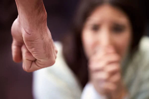 Violence Solves Nothing Mans Fist Woman Looking Scared Background — Stock Photo, Image