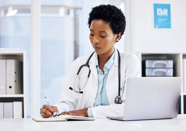 Taking notes to better her ability. an attractive young female doctor taking notes while working at her desk in the office