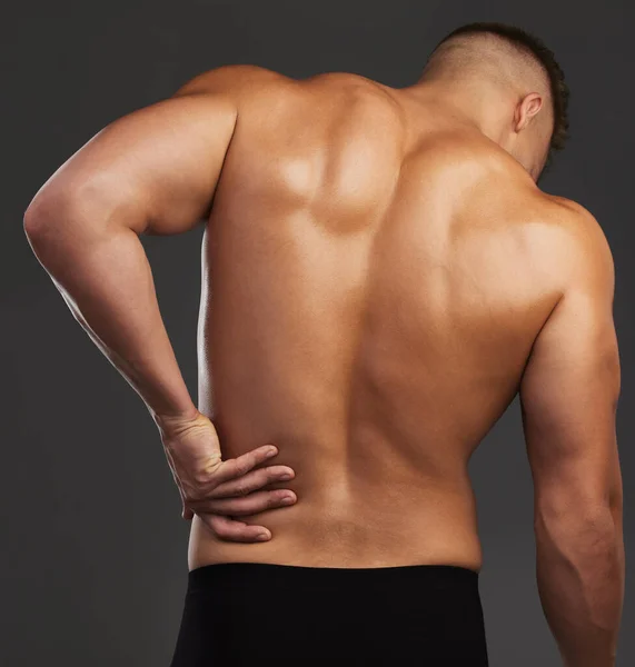 Risks Exercise Unrecognizable Athletic Young Man Holding His Back Pain — Stock Photo, Image