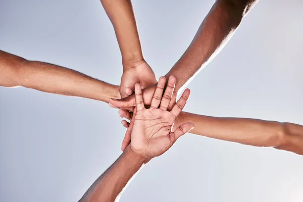 Hands, teamwork or fitness friends with support for motivation, collaboration or team building sports event. Diversity, trust or soccer player hand for partnership, trust or football community goal.