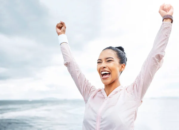 Mujer Feliz Éxito Logro Fitness Playa Objetivos Libertad Motivación Energía — Foto de Stock