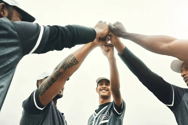 Manos Equipo Béisbol Para Motivación Deportiva Para Ganar Lograr Unir — Foto de Stock