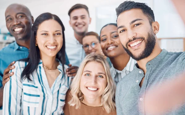 Selfie, smile and employees working at a corporate company together in an office at work. Face portrait of happy, excited and business workers with a photo during professional collaboration as a team.