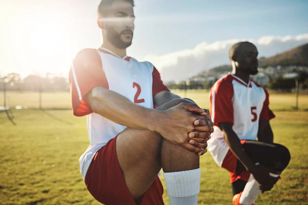 Fútbol Fútbol Equipo Estirando Las Piernas Para Calentamiento Del Partido —  Fotos de Stock