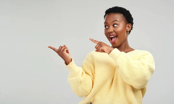 All Could Yours Young Woman Pointing Copy Space While Posing — Stock Photo, Image