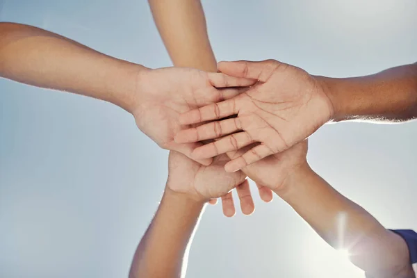 Hands Teamwork Collaboration Blue Sky Low Angle Baseball People Working — Stock Photo, Image