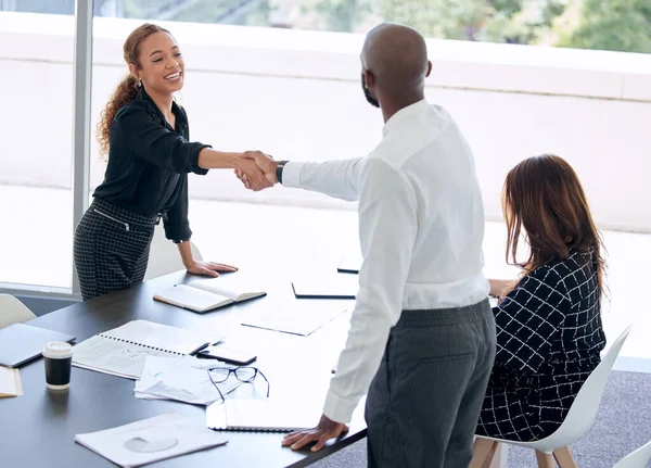 Excellence is not an act, but a deliberate decision. a young businesswoman and a businessman shaking hands during a meeting in a modern office