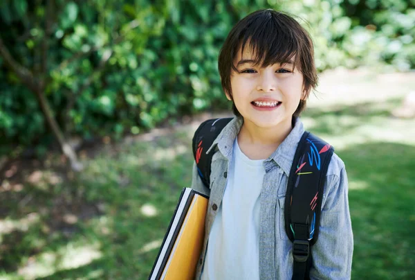 Time Take School Little Boy Wearing Backpack While Carrying Books — Stock Photo, Image