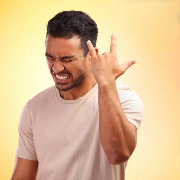 Can Feel Bones Young Man Showing Rock Roll Hand Sign — Stock Photo, Image