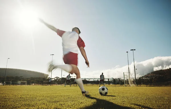 Motion Blur Soccer Field Man Kick Ball Player Stadium Pitch — Stock Photo, Image
