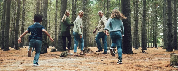 Forêt Grande Famille Aventure Avec Enfants Parents Grands Parents Marchant — Photo