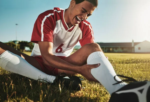 Muž Fotbal Sportovní Zranění Nohou Trpí Bolestí Agónií Nepohodlím Během — Stock fotografie