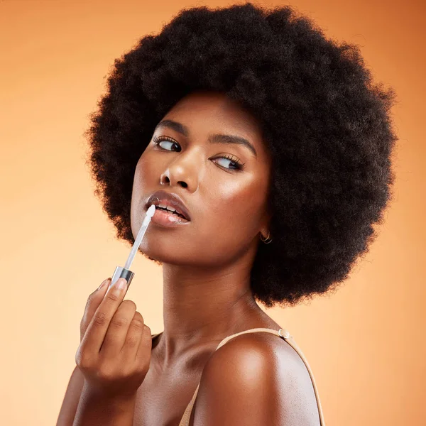 Donna Nera Trattamento Lucidalabbra Bellezza Afro Naturale Una Tinta Sana — Foto Stock