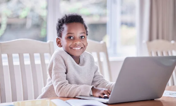 Always Ready Learn Young Boy Doing His Homework Laptop Home — Stock Photo, Image
