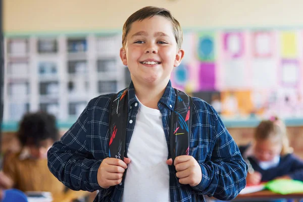 School Favourite Part Day Young Boy Standing His Classroom School — Stock Photo, Image