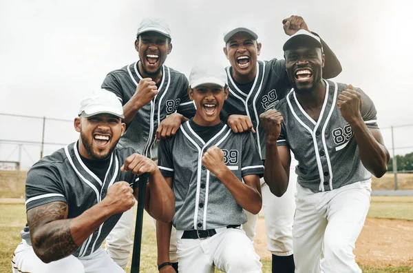 Baseball, motivation and winner with a team in celebration of success or victory on an outdoor grass pitch or field. Exercise, training and health with a baseball player group celebrating together.