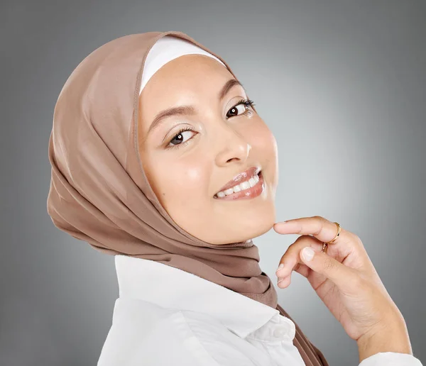 Muslim Arabic Woman Beauty Skincare Makeup Aesthetic Cosmetics Wellness Grey Stock Photo