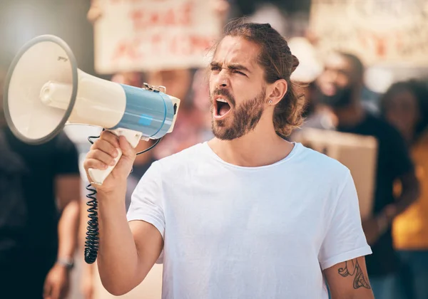 Megaphone Protest Muž Vůdce Mluvící Shromáždění Politiku Rovnost Lidská Práva — Stock fotografie