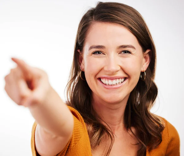 Which Way Fridge Studio Shot Young Woman Pointing Direction White — Stock Photo, Image