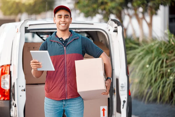Portrait, van and delivery man with tablet and box, package or goods parcel. Ecommerce, logistics and courier, carrier or driver from India on digital tech to track boxes, cargo or stock online
