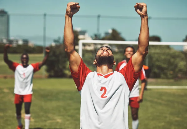 Foci Foci Vagy Csapatsport Győztes Ünneplés Vagy Győztes Csapat Gólszerzés — Stock Fotó